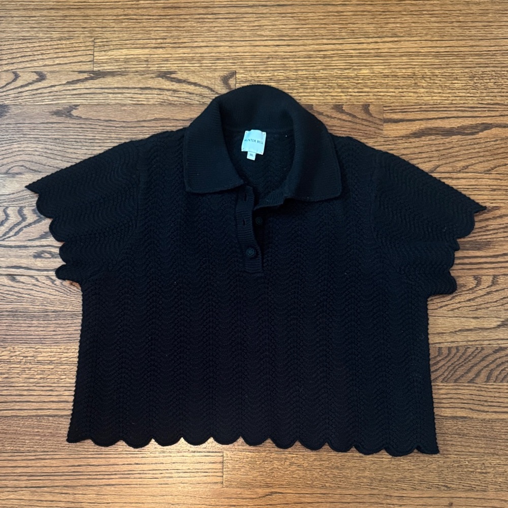 HUNTER BELL Black Scalloped Knit Polo Top